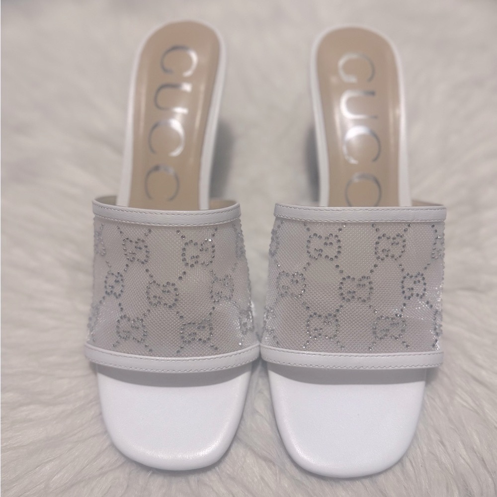 Gucci White and Gray Mesh Mules